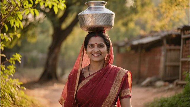 Portrait of rural Indian woman in saree carrying water matka on head, warm smile with shallow depth of field, authentic village lifestyle scene, 4k video footage