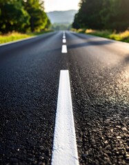 Obraz premium A sunlit, straight asphalt road stretches toward distant, tree-lined hills.