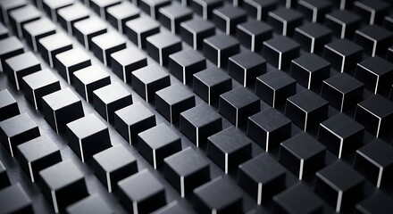 Array of black metallic cubes with gradient lighting effect creating modern futuristic background with reflective surfaces and precise geometry