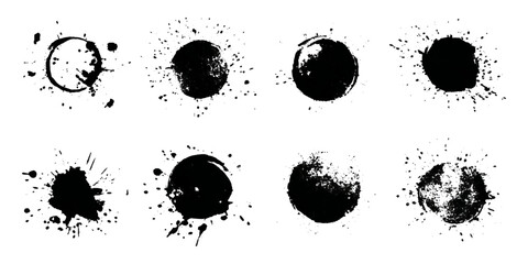 Black grungy paintbrush strokes collection with distressed splashes stains scratch. vector decorative banner template graphic background design set.