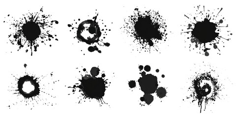 Black grungy paintbrush strokes collection with distressed splashes stains scratch. vector decorative banner template graphic background design set.