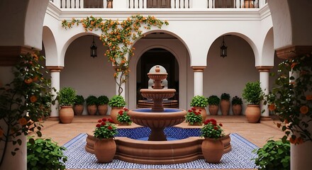 Serene courtyard with fountain potted plants and arched walkways in a peaceful outdoor setting