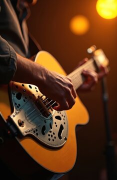 Musician plays resonator guitar on stage. Close-up on hands strumming strings, warm stage light illuminates acoustic instrument. Live folk music performance, fingerpicking melody.