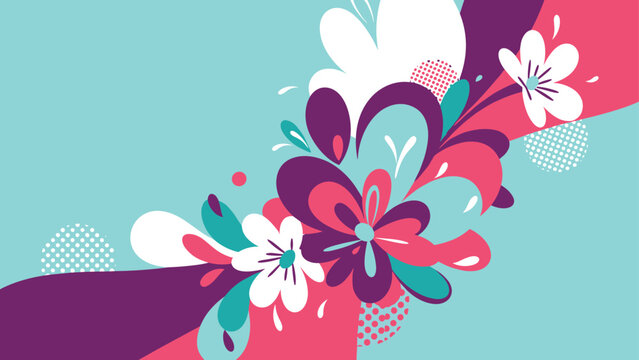 Beautiful abstract floral pattern features vibrant pink, white, and purple flowers across a bright teal blue background.