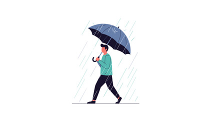 Man walks calmly through a steady rainfall while holding a large blue umbrella to stay dry during his commute.