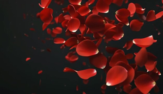 Dynamic capture of red rose petals dancing and falling in air red storm against black background for luxury event and holiday celebration