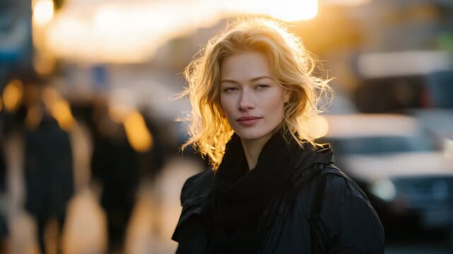 263Urban fashion portrait of a woman standing on a sunlit street, warm golden light on her face, background softly blurred, city life implied with faint silhouettes of pedestrians and