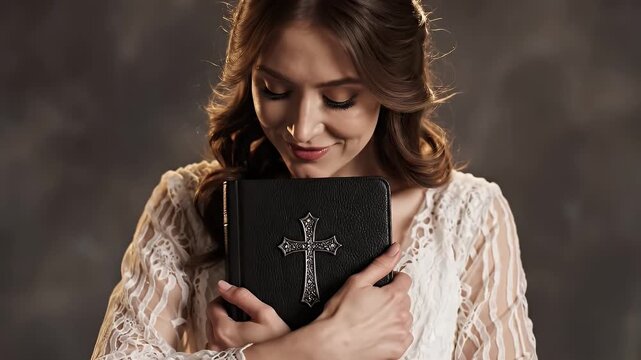 Woman in White Lace Dress Holding Black Book with Silver Cross on Dark Background