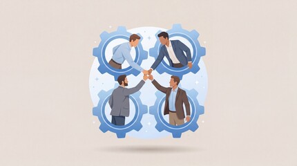 Fototapeta premium Business Team Collaboration Inside Interconnected Gears Representing Teamwork, Partnership and Corporate Synergy in Organizational Management Strategy, Process Optimization, Business Flat Illustration