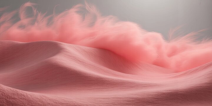 A serene pink sand dune landscape with soft, fluffy clouds