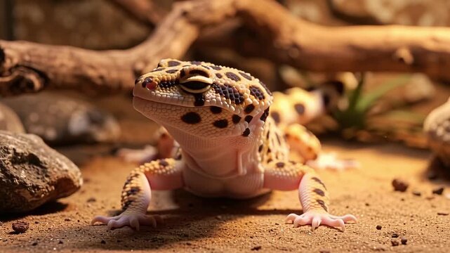 Leopard Gecko Yawning and Posing in its Terrarium.