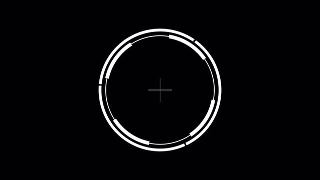 Simple Crosshair HUD circle 4K AlphaChannel double white rotating ring with segmented marks and thin inner lines on  On Transparent Background seamless loop target tracking radar interface overlay 