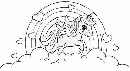 Fototapeta premium Happy Flying Baby Unicorn and Rainbow Vector Coloring Illustration. Dynamic black and white illustration of a happy baby unicorn flying through a magical sky.