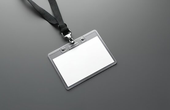 Empty badge holder with black lanyard rests on gray surface. Plastic card sleeve for identification or access pass. Blank insert for personal details.