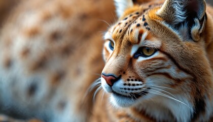 Obraz premium Close up of lynx face showing detailed fur texture and spotted pattern. The wild cat looks forward with yellow eyes. Lynx fur has intricate coloration and dense hair.