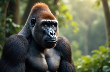 Obraz premium Powerful adult male gorilla with piercing eyes in green forest. Large primate looks alertly off camera. Majestic wild animal in natural habitat. Strength evident in muscular build. Scene exudes raw