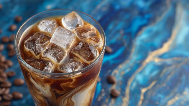 576Top view of a refreshing iced coffee, ice cubes and coffee swirls forming intricate patterns, condensation droplets on glass, macro full-frame close-up highlighting texture and ref