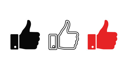 Obraz premium Three thumbs up icons in black white outline and red colors