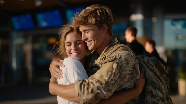 Airport reunion of a woman soldier embracing a civilian, suitcase and boarding signs blurred in background, sunlight casting soft shadows, emotional human connection, intimate stor