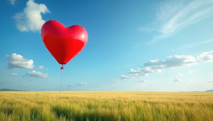 Fototapeta premium Red heart balloon floats in blue sky above golden field. Peaceful countryside landscape. Symbol of love freedom and joy. Sunny day nature scene.