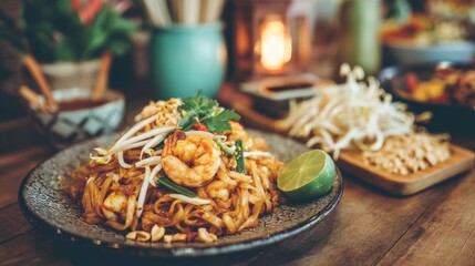 Delicious Thai Pad Thai with Shrimp, Fresh Vegetables, Lime Wedge, and Peanuts Served on Rustic Table in Warm Lighting