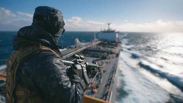 Cinematic perspective of a soldier with a gun standing near the bow of an oil tanker, vast open sea and bright sky ahead, strong contrast between human figure and industrial scale,