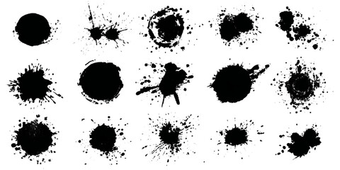 Black grungy paintbrush strokes collection with distressed splashes stains scratch. vector decorative banner template graphic background design set.