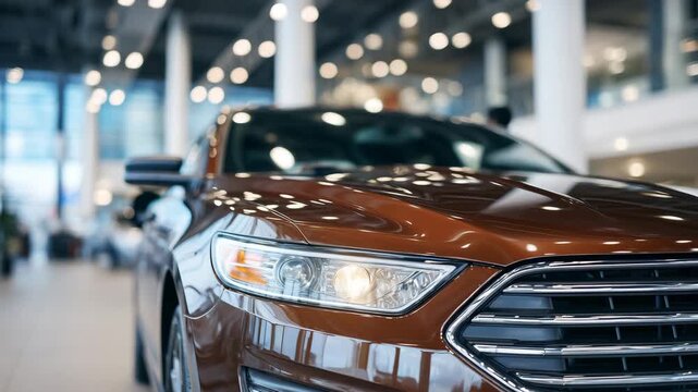 Close-up of a polished sedan in showroom, focus on grille and sleek hood lines, showroom lights glinting on reflective surfaces, sense of modern opulence and refined automotive des