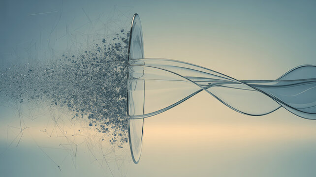 Shattered glass particles exploding outward with wavy transparent ribbons on gradient background