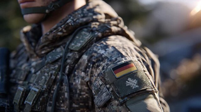 Close-up of an unrecognizable German soldier in camouflage uniform, German flag patch on shoulder sharply visible, tactical helmet and uniform detailed, soft sunlight highlighting