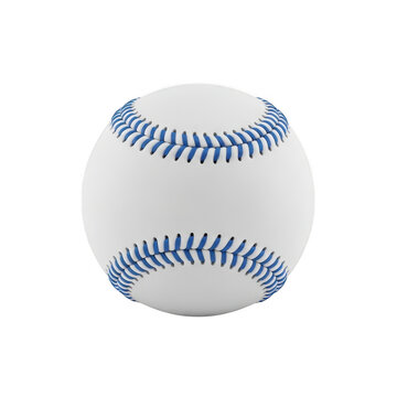 A white baseball with blue stitching on a plain white background.