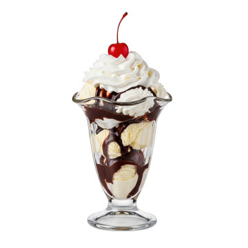 Classic hot fudge sundae with cherry on top isolated on transparent background