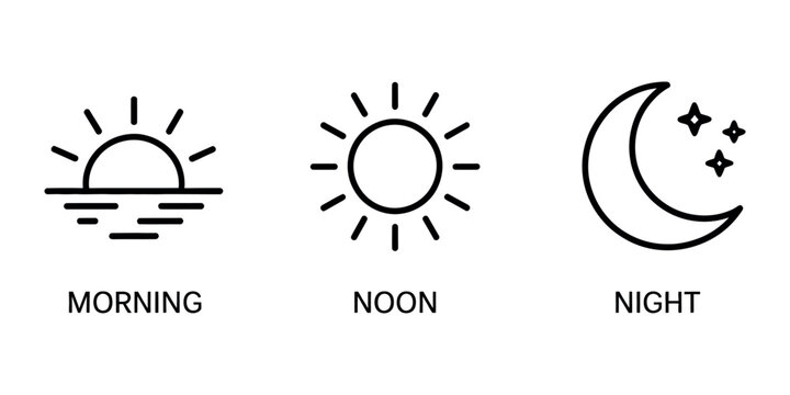 Time of Day Linear Icon Collection featuring morning sunrise, afternoon sun, and starry night moon symbols, perfect for daily schedules, lifestyle planning apps, and modern weather forecasting interfa