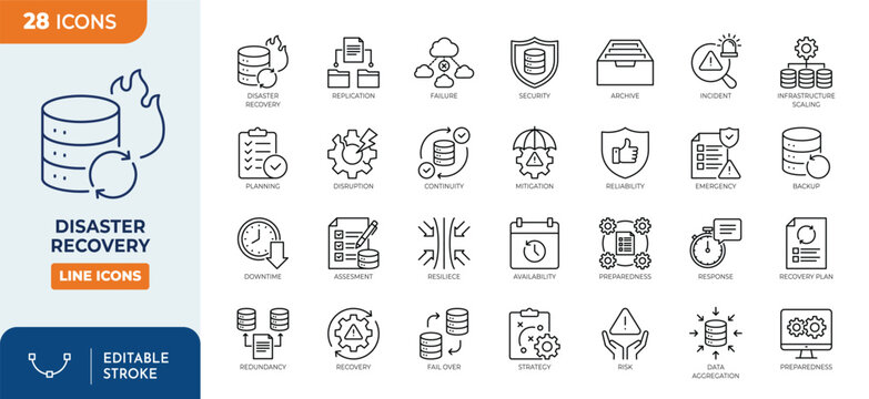 Disaster recovery icon set. Contain icons related to Data Safety, Computer Virus, Data center, House On Fire, and more. Editable stroke. Vector Illustration