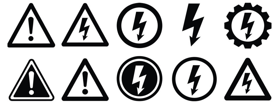 High voltage warning sign icons set vector illustration design, safety symbols representing electrical danger, hazard prevention, industrial caution labels, risk awareness, workplace protection, and