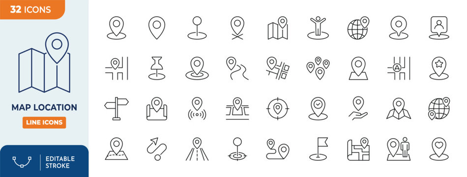 Map Location icon set. Contain icons related to pin, flag, map, navigation, marker, address, position and more. Editable stroke. Vector Illustration