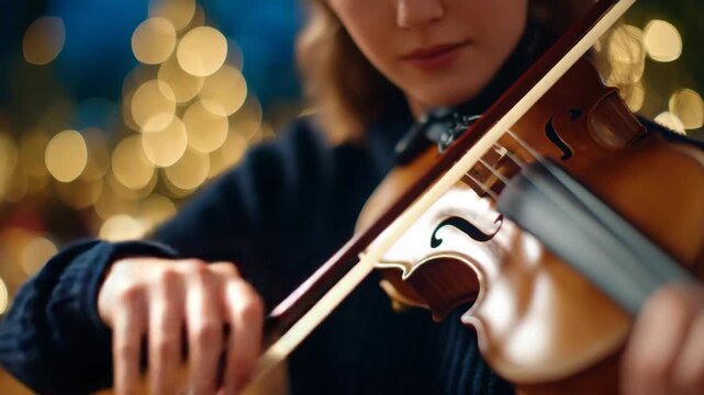 Close-up of violin and hands of a woman playing indoors, strings in sharp focus, warm ambient light highlighting textures of wood and bow, soft bokeh background, intimate artistic