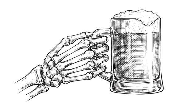 skeleton hand firmly grasping a full mug of frothy beer. Hand-drawn engraving style.
