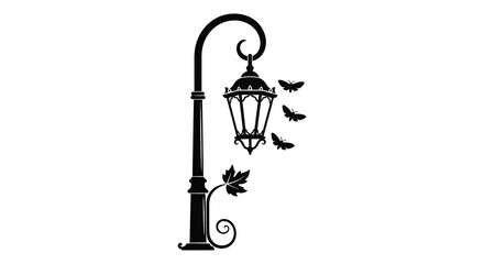 Elegant street lamp with flying bats and foliage a striking silhouette © MdShifulIslam
