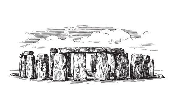 Stonehenge megalithic monument under a cloudy sky. Hand-drawn engraving style.
