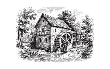 rural landscape featuring an old stone water mill by a flowing stream with a stone bridge. Hand-drawn engraving style. © trianatio