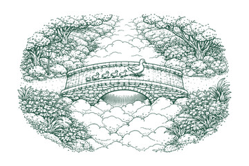 Naklejka premium Detailed Hand Drawn Vector Illustration of a Duck Family Walking Across a Classic Stone Bridge Over a Cloudy Stream