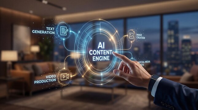 Businessman interacting with AI content engine for digital marketing