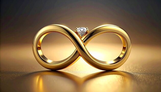 Gold infinity-shaped ring with polished reflective surface, round-cut diamond embedded at center of intersecting curves, elegant symbolic jewelry design, gradient background transitioning from dark to