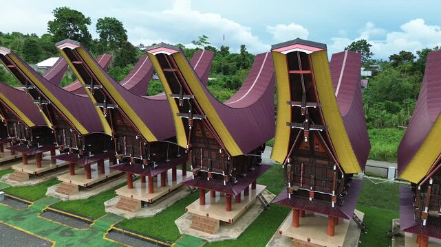 Aerial View of Traditional Toraja Tongkonan Houses in Sulawesi, Indonesia with left angle