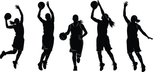 Basketball player silhouettes collection with jumping and shooting poses, dynamic sports action vector set, athlete movement illustration isolated on white background © Ramzan Creatives