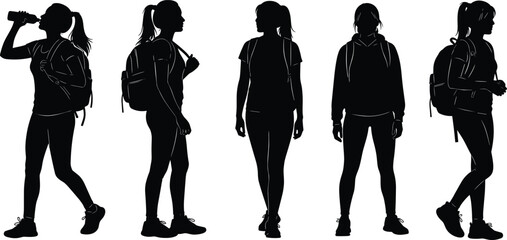 Active female traveler and hiker silhouettes with backpack and water bottle, outdoor walking poses isolated vector illustration for adventure, trekking and travel lifestyle themes © Ramzan Creatives