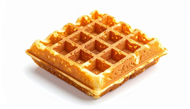 Single golden-brown waffle with 5x5 grid square pockets, freshly made with crisp texture, slight melted butter or syrup around edges, placed on plain white background highlighting color and detail, ap
