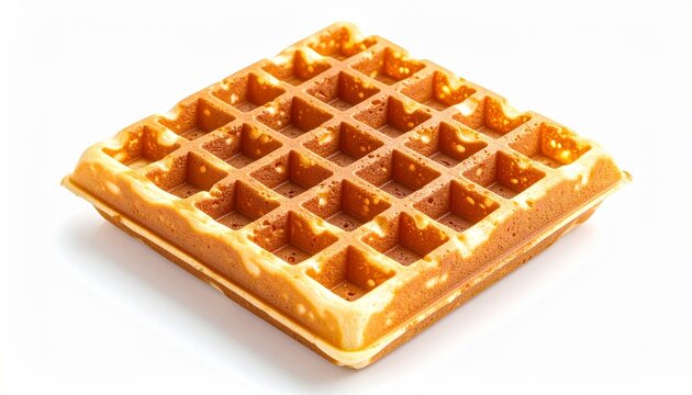 Single golden-brown waffle with 5x5 grid square pockets, freshly made with crisp texture, slight melted butter or syrup around edges, placed on plain white background highlighting color and detail, ap