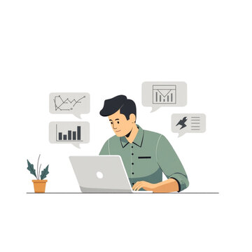 Flat vector illustration of a data analyst working on a laptop with digital dashboard and charts. Faceless character representing data analysis, analytics, and AI technology.